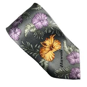 Romario Manzini Silver Purple Hibiscus Tropical Floral Hawaii Novelty Neck Tie